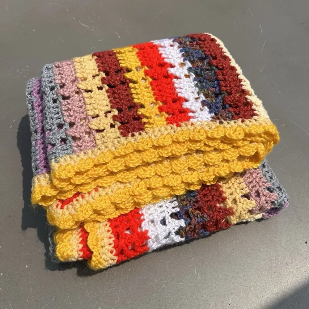 Handmade Crocheted Striped Multicolor Throw Blanket 43x43 in Grandmacore Cottage